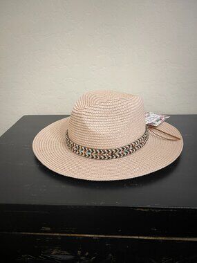 New Lulla Collection Hat Fedora Pink Multicolor Braided Strap Wide Brim Sun